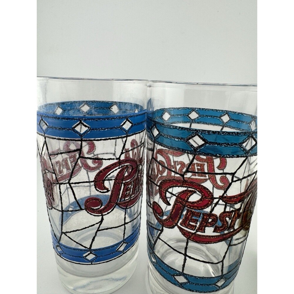 Vintage Pepsi Cola Stained Glass Tiffany Style Drinking Glasses 1970's Set of 2